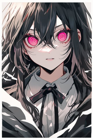 (by inaeda kei:1.3), (by aburaeoyaji:1.15), (by sudach_koppe:1.15), general, 1girl, @_@,hair between eyes, jacket, collared shirt, long hair, black hair, white ribbon, ribbon, looking at viewer, pink eyes, portrait, solo, border, cowboy_shot, slit pupils, wings,