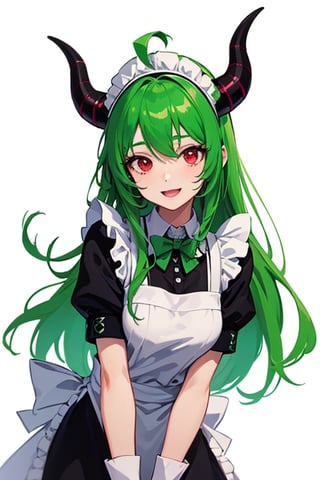 (best quality, vivid colors, anime:1.1), 1girl, red eyes ,horns, red horns, light green hair, long hair, maid costume,maid headdress, gentle sunlight, cheerful expression, white background, five nights at Freddy's