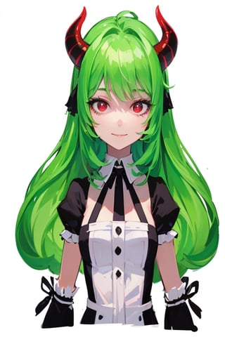 (best quality, vivid colors, anime:1.1), detailed eyes and face,red eyes, red horns, light green hair, long hair, maid costume, gentle sunlight, cheerful expression, dynamic pose, artistic lighting, 1girl, vibrant background