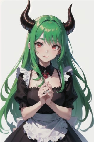 (best quality, vivid colors, anime:1.1), 1girl, red eyes, horns, red horns, light green hair, long hair, maid costume, maid headdress, gentle sunlight, cheerful expression, white background, face only, face focus, staring at viewer