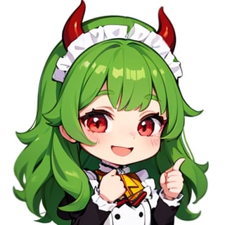 (best quality, vivid colors, anime:1.1), 1girl, chibi, red eyes,horns, red horns, light green hair, thumb up, long hair, maid costume,maid headdress, gentle sunlight, cheerful expression, emote for twitch, white background, sticker