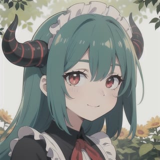 (best quality, vivid colors, anime:1.1), 1girl, red eyes, horns, red horns, light green hair, long hair, maid costume, maid headdress, gentle sunlight, cheerful expression, beatiful background, face only, face focus, staring at viewer,profile picture, brightful colors, pov_eye_contact , in front of camera