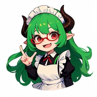 (best quality, vivid colors, anime:1.1), 1girl, chibi, red eyes,horns, red horns, light green hair, long hair, maid costume,maid headdress,nerd, nerd glasses, gentle sunlight, cheerful expression, emote for twitch, white background, sticker, finger_pointing