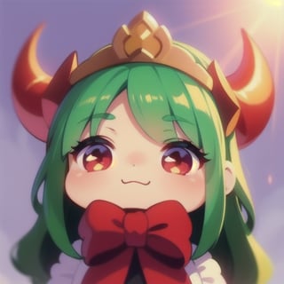  (best quality, vivid colors, anime:1.1), 1girl, chibi, red eyes,horns, red horns, light green hair, long hair, maid costume,maid headdress, gentle sunlight, cheerful expression, sticker, twitch emoji