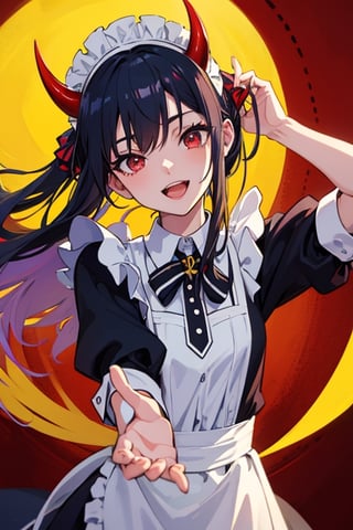 (best quality, vivid colors, anime:1.1), detailed eyes and face,red eyes, red horns, light green long hair, maid costume, vibrant background, gentle sunlight, cheerful expression, dynamic pose, artistic lighting