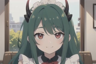 (best quality, vivid colors, anime:1.1), 1girl, red eyes, horns, red horns, light green hair, long hair, maid costume, maid headdress, gentle sunlight, cheerful expression, face focus, staring at viewer, profile picture, brightful colors, pov_eye_contact, in front of camera, sitting at a cafeteria