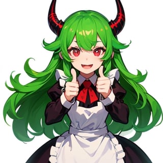 (best quality, vivid colors, anime:1.1), 1girl, chibi, red eyes,horns, red horns, light green hair, thumb up, long hair, maid costume,maid headdress, gentle sunlight, cheerful expression, emote for twitch, white background, sticker
