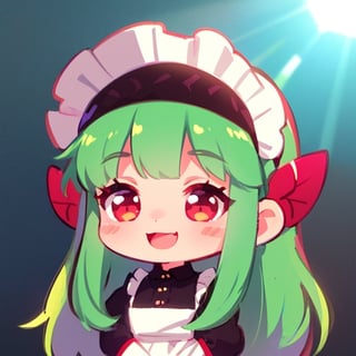 (best quality, vivid colors, anime:1.1), 1girl, chibi, red eyes,horns, red horns, light green hair, (happy:1.3), long hair, maid costume,maid headdress, gentle sunlight, cheerful expression, sticker, twitch emoji, profile pic