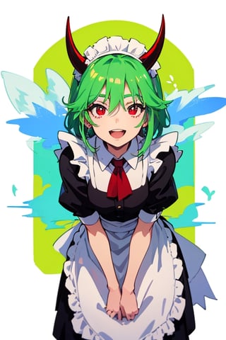 (best quality, vivid colors, anime:1.1), detailed eyes and face,red eyes, red horns, maid costume, vibrant background, gentle sunlight, cheerful expression, dynamic pose, artistic lighting