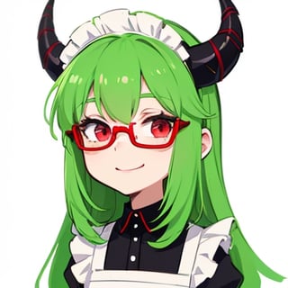 (best quality, vivid colors, anime:1.1), 1girl, chibi, red eyes,horns, red horns, light green hair, long hair, maid costume,maid headdress,nerd, nerd glasses, gentle sunlight, cheerful expression, emote for twitch, white background, sticker