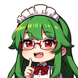 (best quality, vivid colors, anime:1.1), 1girl, chibi, red eyes,horns, red horns, light green hair, long hair, maid costume,maid headdress,nerd, nerd glasses, gentle sunlight, cheerful expression, emote for twitch, white background, sticker, finger_pointing