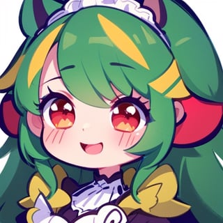 (best quality, vivid colors, anime:1.1), 1girl, chibi, red eyes,horns, red horns, light green hair, (happy:1.3), long hair, maid costume,maid headdress, gentle sunlight, cheerful expression, emote for twitch, white background, sticker, twitch emoji, profile pic