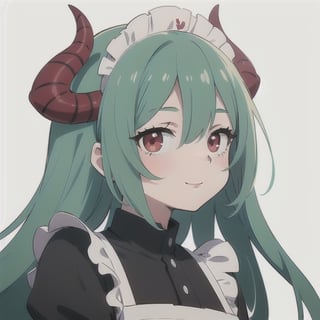 (best quality, vivid colors, anime:1.1), 1girl, red eyes, horns, red horns, light green hair, long hair, maid costume, maid headdress, gentle sunlight, cheerful expression, white background, face only, face focus, staring at viewer,profile picture, brightful colors, pov_eye_contact , in front of camera