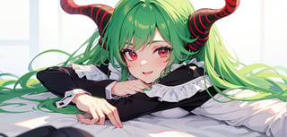 (best quality, vivid colors, anime:1.1), detailed eyes and face,red eyes, red horns, light green hair, long hair, maid costume, gentle sunlight, cheerful expression, dynamic pose, artistic lighting, 1girl, vibrant background, laying down