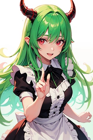(best quality, vivid colors, anime:1.1), detailed eyes and face,red eyes, red horns, light green hair, long hair, maid costume, gentle sunlight, cheerful expression, dynamic pose, artistic lighting, 1girl, vibrant background