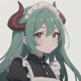 (best quality, vivid colors, anime:1.1), 1girl, red eyes, horns, red horns, light green hair, long hair, maid costume, maid headdress, gentle sunlight, cheerful expression, white background, face only, face focus, staring at viewer,profile picture, brightful colors, pov_eye_contact , in front of camera