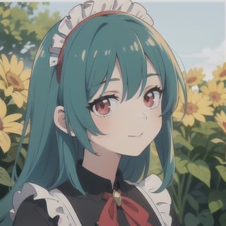 (best quality, vivid colors, anime:1.1), 1girl, red eyes, horns, red horns, light green hair, long hair, maid costume, maid headdress, gentle sunlight, cheerful expression, beatiful background, face only, face focus, staring at viewer,profile picture, brightful colors, pov_eye_contact , in front of camera
