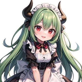 (best quality, vivid colors, anime:1.1), 1girl, red eyes, horns, red horns, light green hair, long hair, maid costume, maid headdress, gentle sunlight, cheerful expression, white background, face only, face focus, staring at viewer, 