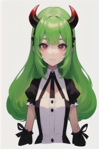  (best quality, vivid colors, anime:1.1), 1girl, chibi, red eyes,horns, red horns, light green hair, confused with a question mark, confused look, long hair, maid costume,maid headdress, gentle sunlight, cheerful expression, emote for twitch, white background, sticker, twitch emoji