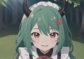 (best quality, vivid colors, anime:1.1), 1girl, red eyes, horns, red horns, light green hair, long hair, maid, maid headdress, gentle sunlight, cheerful expression, face focus, looking at viewer, brightful colors,withbonnie behind