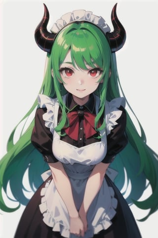 (best quality, vivid colors, anime:1.1), 1girl, red eyes, horns, red horns, light green hair, long hair, maid costume, maid headdress, gentle sunlight, cheerful expression, white background, face only, face focus, staring at viewer