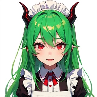 (best quality, vivid colors, anime:1.1), 1girl, red eyes ,horns, red horns, light green hair, long hair, maid costume,maid headdress, gentle sunlight, cheerful expression, white background, five nights at Freddy's