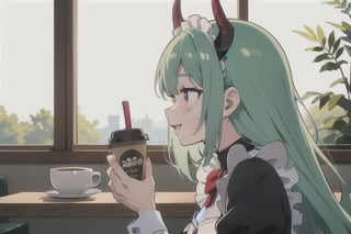 (best quality, vivid colors, anime:1.1), 1girl, red eyes, horns, red horns, light green hair, long hair, maid costume, maid headdress, gentle sunlight, cheerful expression, face focus, profile picture, brightful colors, sitting at a cafeteria, holding a coffee