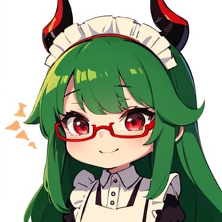 (best quality, vivid colors, anime:1.1), 1girl, chibi, red eyes,horns, red horns, light green hair, long hair, maid costume,maid headdress,nerd, nerd glasses, gentle sunlight, cheerful expression, emote for twitch, white background, sticker