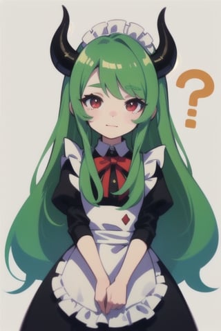  (best quality, vivid colors, anime:1.1), 1girl, chibi, red eyes,horns, red horns, light green hair, confused with a question mark, confused look, long hair, maid costume,maid headdress, gentle sunlight, cheerful expression, emote for twitch, white background, sticker, twitch emoji