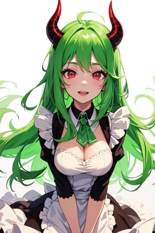 (best quality, vivid colors, anime:1.1), detailed eyes and face,red eyes, red horns, light green hair, long hair, maid costume, vibrant background, gentle sunlight, cheerful expression, dynamic pose, artistic lighting, 1girl, 