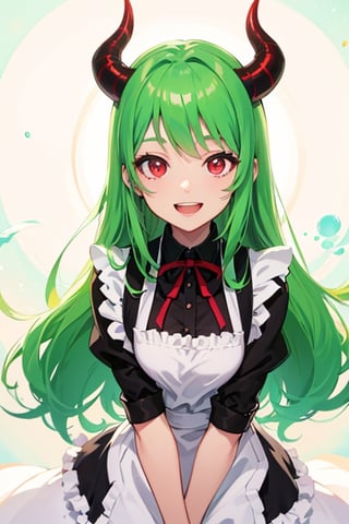 (best quality, vivid colors, anime:1.1), detailed eyes and face,red eyes, red horns, light green hair, long hair, maid costume, vibrant background, gentle sunlight, cheerful expression, dynamic pose, artistic lighting, 1girl, space background