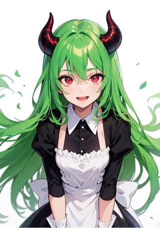 (best quality, vivid colors, anime:1.1), detailed eyes and face, red eyes, red horns, light green hair, long hair, maid costume, gentle sunlight, cheerful expression, dynamic pose, artistic lighting, 1girl, vibrant background