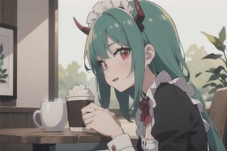 (best quality, vivid colors, anime:1.1), 1girl, red eyes, horns, red horns, light green hair, long hair, maid costume, maid headdress, gentle sunlight, cheerful expression, face focus, staring at viewer, profile picture, brightful colors, sitting at a cafeteria, holding a coffee
