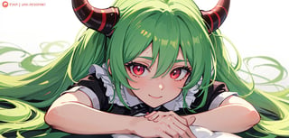 (best quality, vivid colors, anime:1.1), detailed eyes and face,red eyes, red horns, light green hair, long hair, maid costume, gentle sunlight, cheerful expression, dynamic pose, artistic lighting, 1girl, vibrant background, laying down