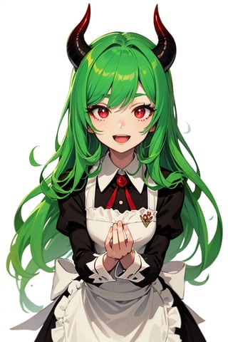 (best quality, vivid colors, anime:1.1), detailed eyes and face,red eyes, red horns, light green hair, long hair, maid costume, gentle sunlight, cheerful expression, dynamic pose, artistic lighting, 1girl, 