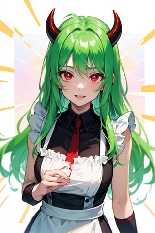 (best quality, vivid colors, anime:1.1), detailed eyes and face,red eyes, red horns, light green hair, long hair, maid costume, vibrant background, gentle sunlight, cheerful expression, dynamic pose, artistic lighting, 1girl, astronomical background