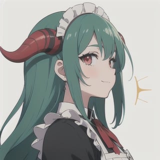 (best quality, vivid colors, anime:1.1), 1girl, red eyes, horns, red horns, light green hair, long hair, maid costume, maid headdress, gentle sunlight, cheerful expression, white background, face only, face focus, staring at viewer,profile picture