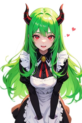 (best quality, vivid colors, anime:1.1), detailed eyes and face,red eyes, red horns, light green hair, long hair, maid costume, gentle sunlight, cheerful expression, dynamic pose, artistic lighting, 1girl, schoolar background