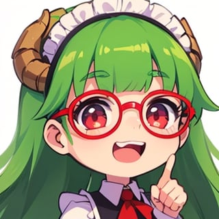 (best quality, vivid colors, anime:1.1), 1girl, chibi, red eyes,horns, red horns, light green hair, long hair, maid costume,maid headdress,nerd, nerd glasses, gentle sunlight, cheerful expression, emote for twitch, white background, sticker, finger_pointing
