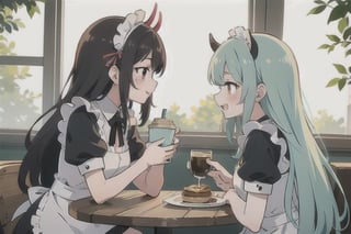 (best quality, vivid colors, anime:1.1), 1girl, red eyes, horns, red horns, light green hair, long hair, maid costume, maid headdress, gentle sunlight, cheerful expression, face focus, profile picture, brightful colors, sitting at a cafeteria, holding a coffee