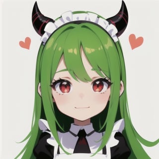  (best quality, vivid colors, anime:1.1), 1girl, chibi, red eyes,horns, red horns, light green hair, long hair, maid costume,maid headdress, gentle sunlight, cheerful expression, profile pic, white background, sticker, twitch emoji