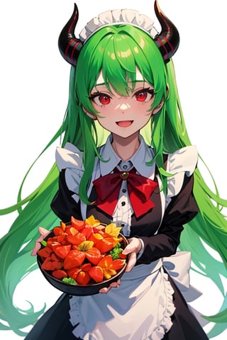 (best quality, vivid colors, anime:1.1), 1girl, red eyes ,horns, red horns, light green hair, long hair, maid costume,maid headdress, gentle sunlight, cheerful expression, white background, five nights at Freddy's