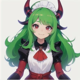  (best quality, vivid colors, anime:1.1), 1girl, chibi, red eyes,horns, red horns, light green hair, long hair, maid costume,maid headdress, gentle sunlight, cheerful expression, profile pic, white background, sticker, twitch emoji