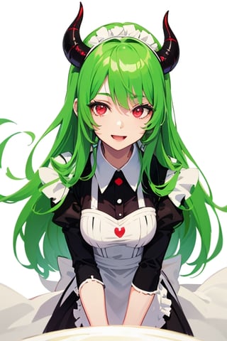 (best quality, vivid colors, anime:1.1), detailed eyes and face,red eyes, red horns, light green hair, long hair, maid costume, gentle sunlight, cheerful expression, dynamic pose, artistic lighting, 1girl, scholar background