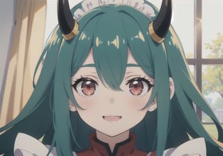 (best quality, vivid colors, anime:1.1), 1girl, red eyes, horns, red horns, light green hair, long hair, maid costume, maid headdress, gentle sunlight, cheerful expression, face focus, staring at viewer, profile picture, brightful colors, pov_eye_contact, in front of camera, at a cafeteria