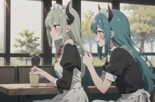 (best quality, vivid colors, anime:1.1), 1girl, red eyes, horns, red horns, light green hair, long hair, maid costume, maid headdress, gentle sunlight, cheerful expression, face focus, profile picture, brightful colors, sitting at a cafeteria, holding a coffee