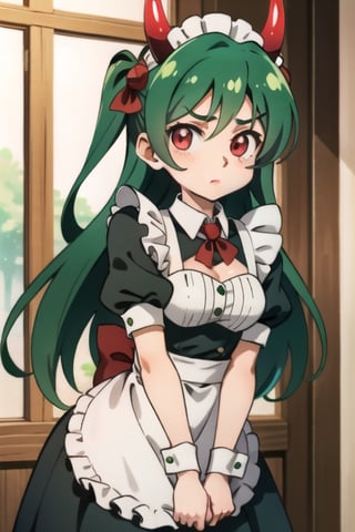 Anime, maid_costume, cute, red_eyes, green_hair,long_hair , red_horns, 1girl, kawaii