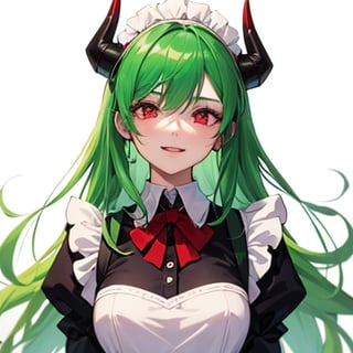 (best quality, vivid colors, anime:1.1), 1girl, red eyes ,horns, red horns, light green hair, long hair, maid costume,maid headdress, gentle sunlight, cheerful expression, white background, five nights at Freddy's