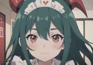 (best quality, vivid colors, anime:1.1), 1girl, red eyes, horns, red horns, light green hair, long hair, maid costume, maid headdress, gentle sunlight, cheerful expression, neon room background, face only, face focus, staring at viewer, profile picture, brightful colors, pov_eye_contact, in front of camera, at a café