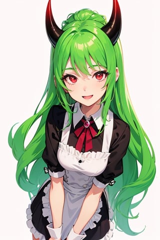 (best quality, vivid colors, anime:1.1), detailed eyes and face,red eyes, red horns, light green hair, long hair, maid costume, vibrant background, gentle sunlight, cheerful expression, dynamic pose, artistic lighting, 1girl